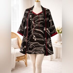 Vintage Silk Pajama Set Judith Hart Black White Floral Robe L Lounge 2PC